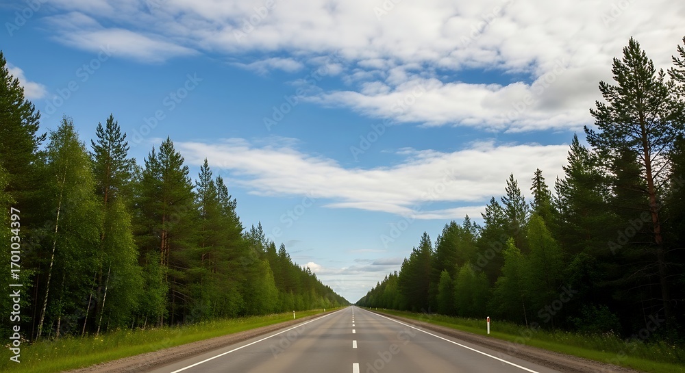 Naklejka premium Scenic road disappearing into the horizon under a cloudy sky surrounded by lush greenery