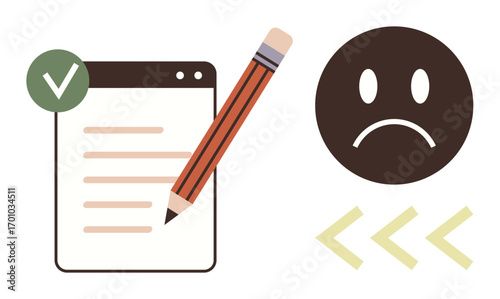 Checklist with green checkmark, orange pencil, sad face icon, and arrow shapes. Ideal for feedback, task evaluation, reviews, decision-making complaints ratings productivity. Simple flat metaphor
