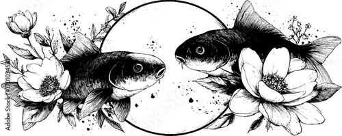 Vintage engraving style koi fish sketch with floral design for retro art enthusiasts