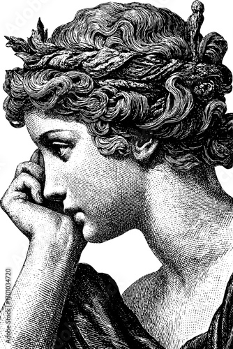 Vintage engraving style of thoughtful lady in classical attire