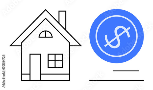 Outline of a house next to a blue dollar coin symbolizing property investment, mortgage planning, savings, real estate business, home ownership, budgeting, and financial strategy. Ideal for economic