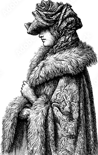 Elegant vintage engraving of a lady in elaborate fur attire - perfect for retro design projects