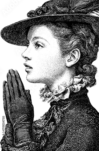 Vintage engraving style portrait of a lady in prayer