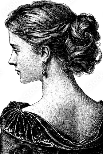 Vintage engraving style illustration of a lady with elegant updo