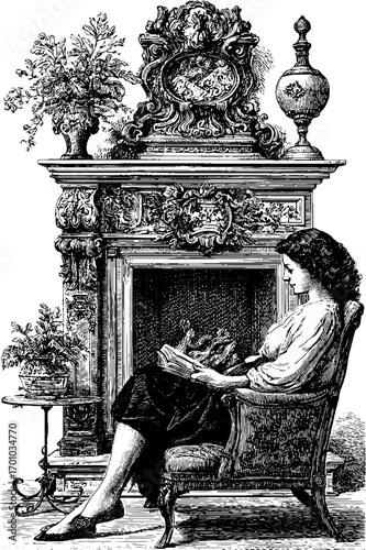 Vintage engraving of lady seated by ornate fireplace for classic decor and design