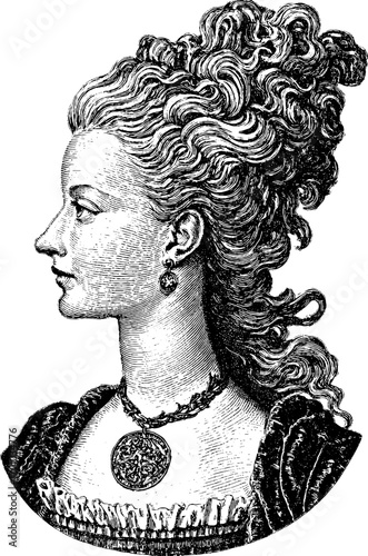 Elegant vintage lady in engraving style with ornate jewelry and hairstyle