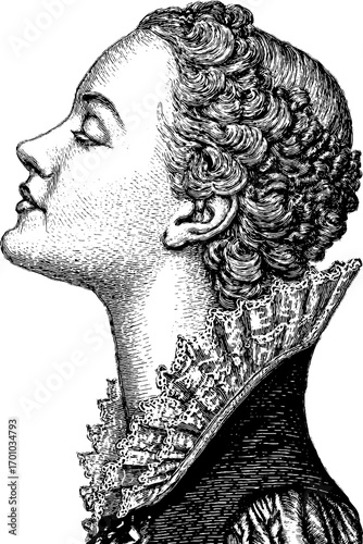 Vintage engraving style profile of elegant lady with ruffled collar