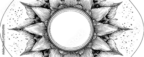 Vintage floral design in engraving style with circular centerpiece for artistic projects