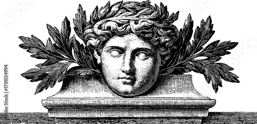Classical laurel wreath and bust vintage engraving on marble pedestal