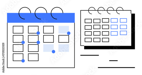Spiral-bound calendars with highlighted dates and minimalistic design, representing time management. Ideal for productivity, scheduling, events, planning, deadlines, organization, simple landing page