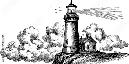 Vintage lighthouse engraving illustration with coastal scenery