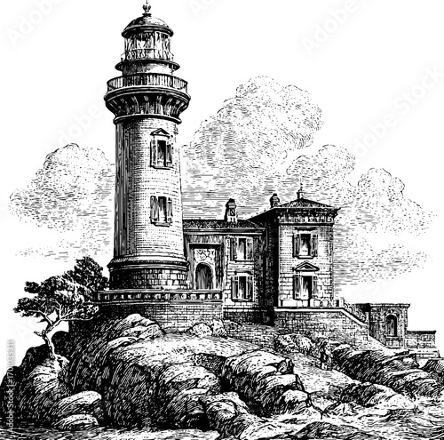 Vintage engraving style illustration of lighthouse on rocky shore