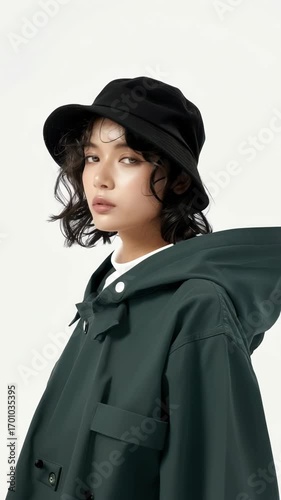 Portrait of a woman in a black hat and green coat, captured from a side angle. The style is minimalistic, ideal for a fashion video concept. Live mobile wallpaper.