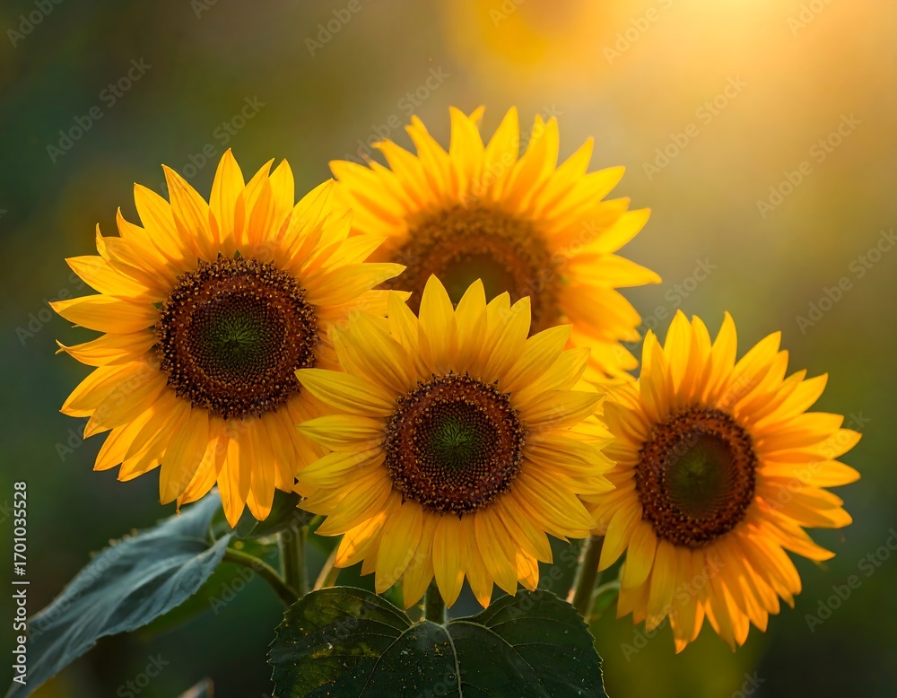 Fototapeta premium Three vibrant sunflowers, radiating golden light, display their bright yellow petals against a soft, blurred background at sunset.