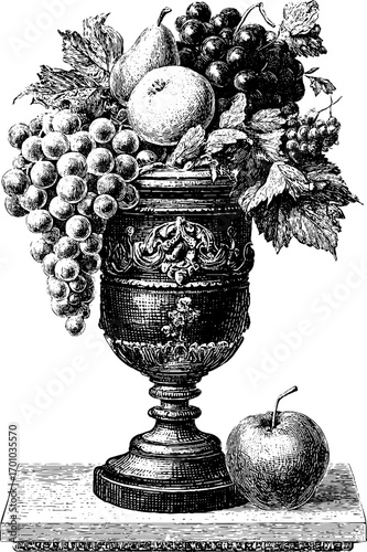 Luxurious vintage engraving of fruit in ornate vase design for home decor