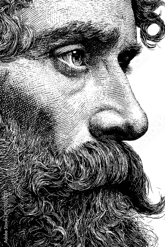 Vintage engraving style portrait of a bearded man with curly hair