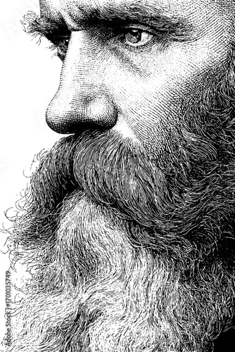 Vintage engraving style illustration of bearded male portrait