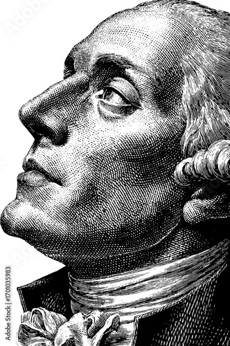 Vintage hand drawn engraving style portrait of a man looking upwards