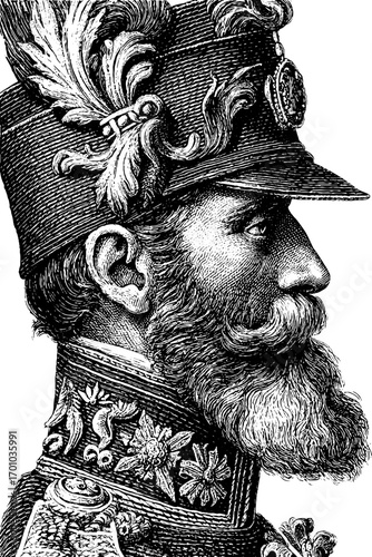 Vintage engraving style portrait of a distinguished military man in uniform