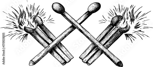 Vintage engraving style illustration of burning matches for retro design and decor