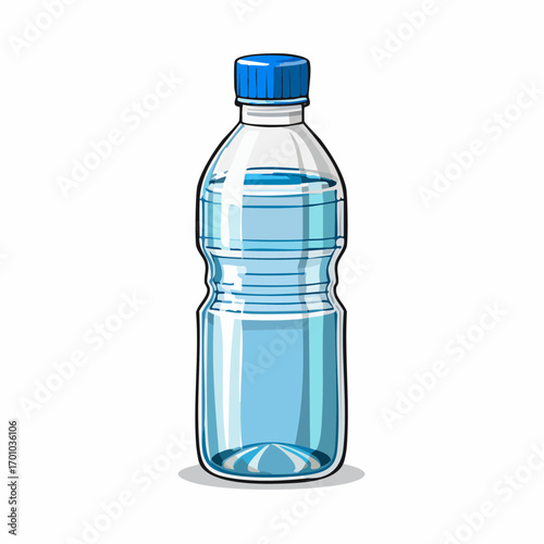 Vektor einer durchsichtigen Kunststoff-Wasserflasche mit blauer Kappe.