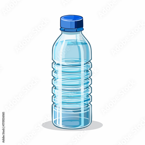 Vektor einer durchsichtigen Kunststoff-Wasserflasche mit blauer Kappe.