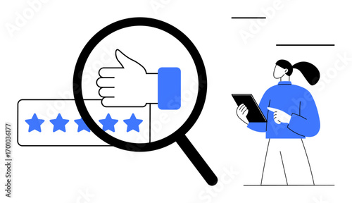 Thumbs-up inside magnifying glass next to star rating bar and professional holding tablet. Ideal for feedback, evaluation, client review, quality control, satisfaction survey, online rating, simple
