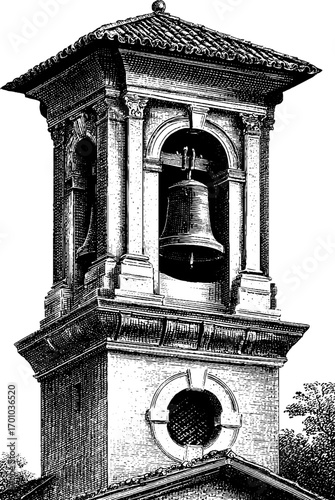 Vintage monastery bell tower in engraving style for historical design