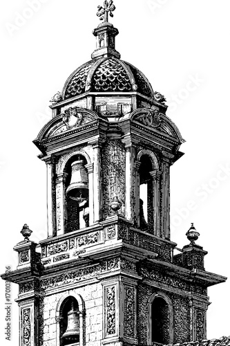 Vintage hand-drawn engraving of monastery bell tower architecture