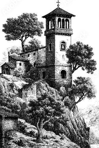 Vintage hand drawn monastery engraving for retro design