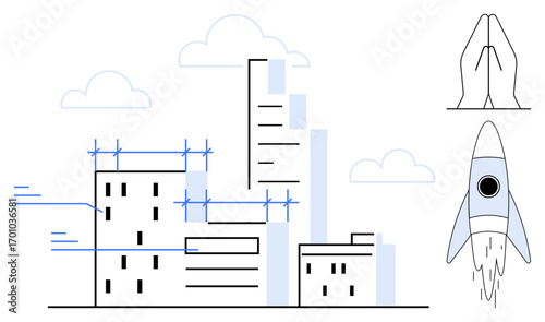 Skyscrapers under construction, rocket launching, and praying hands. Ideal for technology, growth, urbanization, innovation, ambition teamwork development. Simple flat metaphor