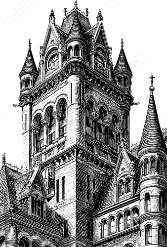 Vintage hand drawn architectural illustration of historic building for design use