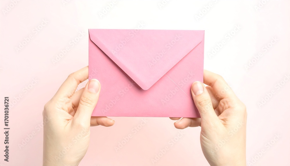 Fototapeta premium Pink envelope held by hands against a pastel background