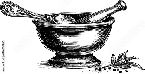 Vintage engraving style illustration of mortar and pestle for culinary design