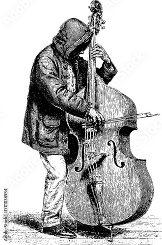 Vintage engraving style illustration of a musician playing double bass in retro attire