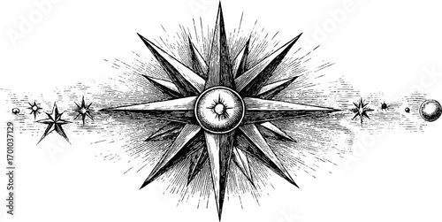 Vintage engraving of north star with celestial elements for retro design