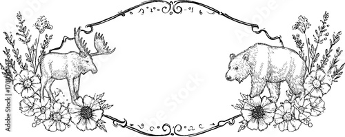 Vintage engraving of northern wildlife with moose and bear in floral frame for decorative design