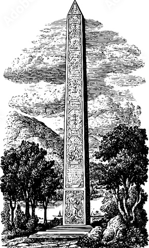 Vintage engraving style hand drawn illustration of an obelisk in a scenic landscape