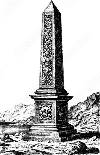 Vintage engraving style illustration of ornate obelisk in classic landscape