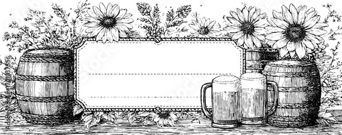 Oktoberfest inspired vintage engraving with floral and beer elements for festive designs