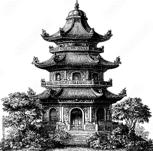Vintage engraving style illustration of asian pagoda architecture