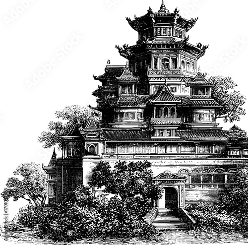 Vintage engraving of traditional pagoda architecture