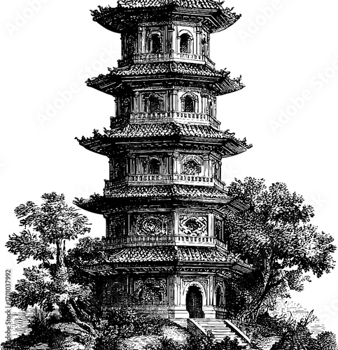 Vintage engraving of a traditional pagoda amidst nature - ideal for design projects
