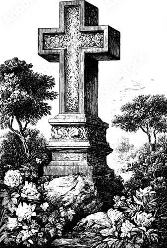Vintage engraving of monumental cross amidst historic garden scenery