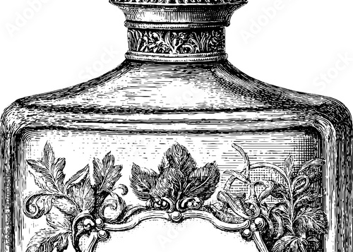 Vintage perfume bottle in engraving style for design and decor