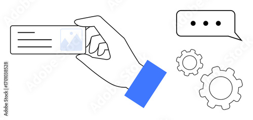 Hand holding a card alongside a speech bubble and two gears. Ideal for communication, workflow, technology, teamwork, productivity, design systems, simple landing page