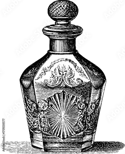 Vintage perfume bottle engraving sketch for retro design and decor