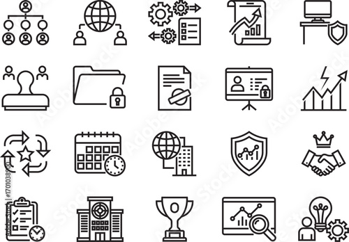 Professional business management line icons collection designed for balanced layouts, featuring analytics, security, teamwork, and achievement themes