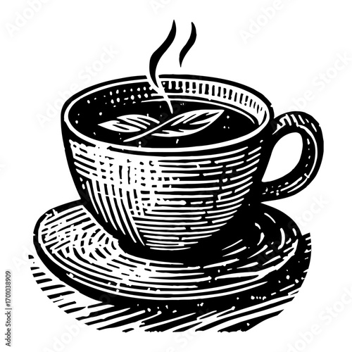 Steaming Hot Teacup with Tea Leaves on Saucer Black and White Outline Line Art Drawing Vintage Style