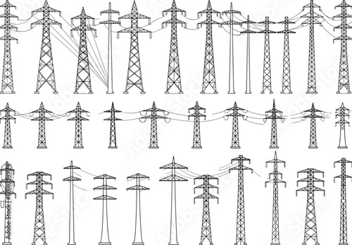 Electric power transmission towers, utility poles, power line structures, high voltage pylons, energy grid components, electrical network towers